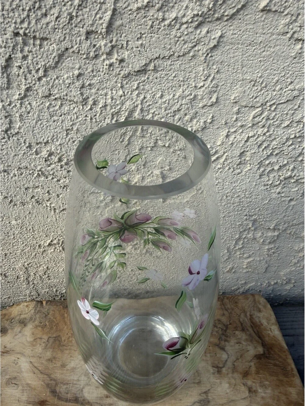 Vintage Hand Painted Glass Vase Pink Floral Flowers Art Deco Style 10 Inch